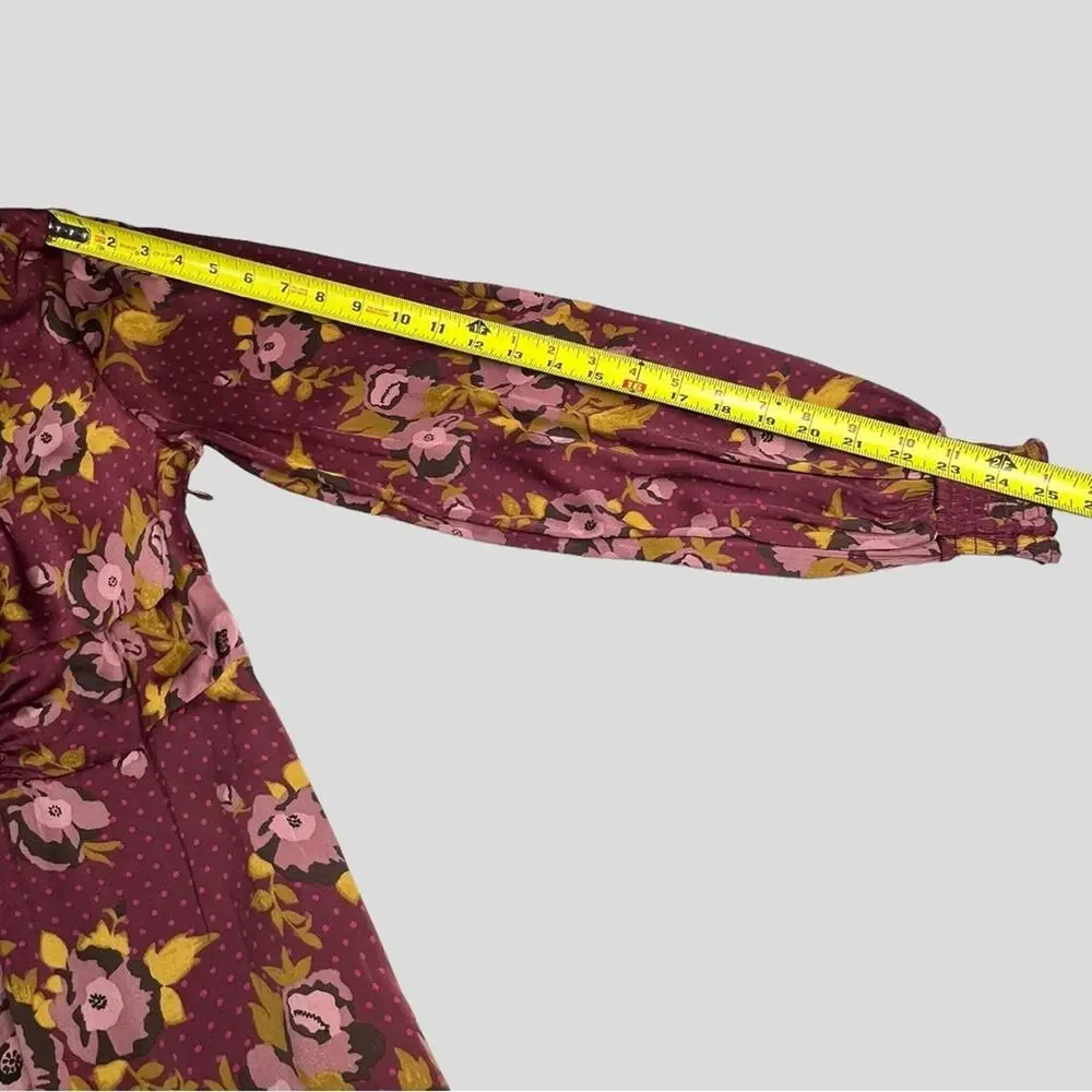 Free People Morning Light Dress 6 Mauve Floral Polka Dot Satin Keyhole Boho